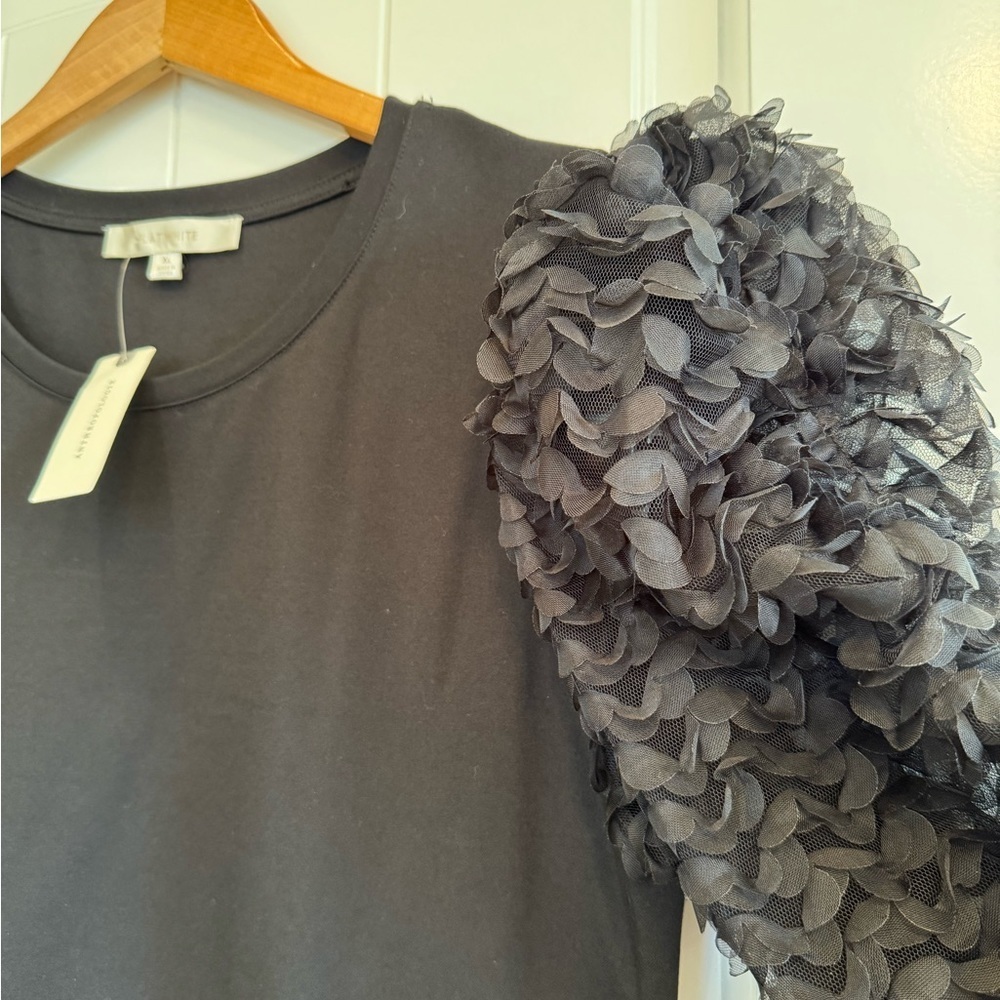 NWOT, Flat White, Sheer, Flower Petal, Organza, Puff Sleeve, Black Top, XLarge